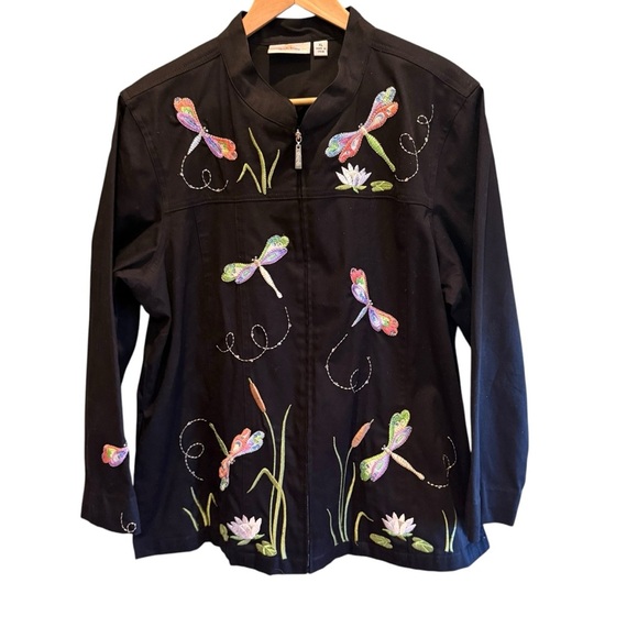 Quacker Factory XL Dragonfly Embroidered Jacket Black Zip Front Cotton Stretch - Picture 3 of 14